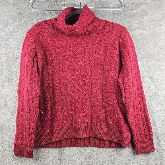 Orvis Sweater Women Red‎ Medium Cashmere Wool Cable Knit Fishermen Crop - Picture 1 of 8